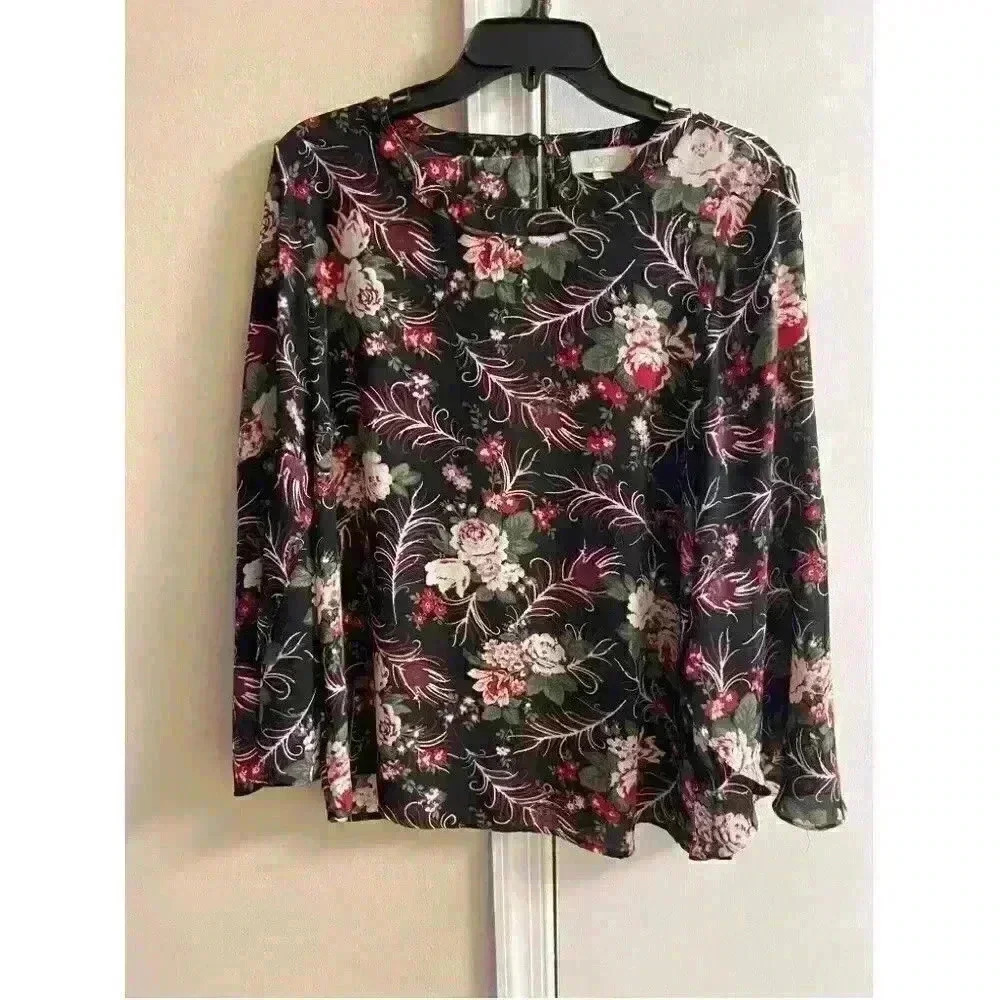 LOFT Black Floral Ruffle Sleeve Top Blouse Medium